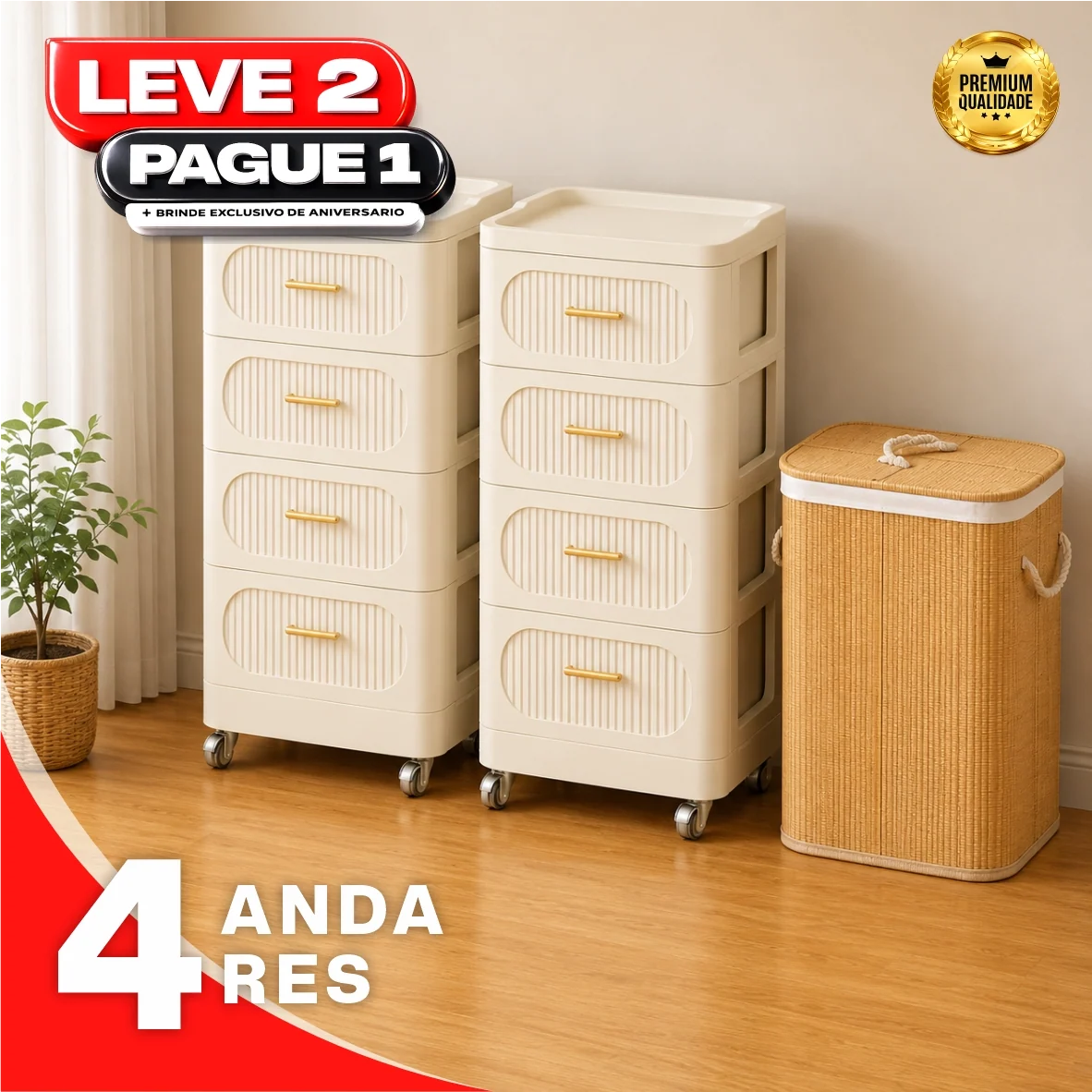 Gaveteiro Multiuso com Rodinhas OrganizaMax™ + BRINDE: Cesto De Roupa em Bambu - COMPRE 1 LEVE 2