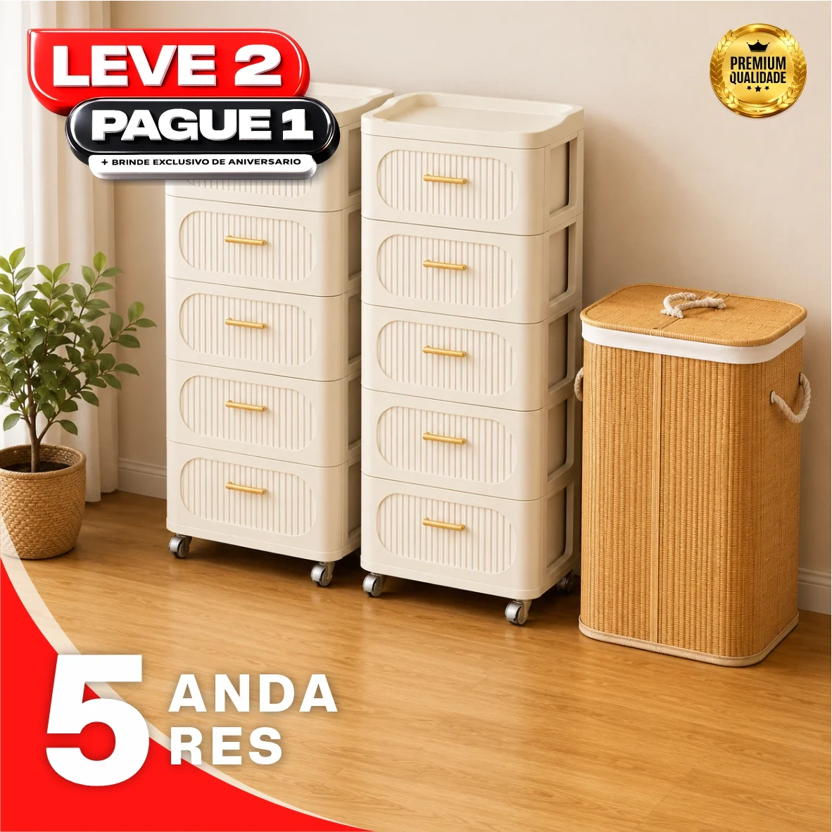 Gaveteiro Multiuso com Rodinhas OrganizaMax™ + BRINDE: Cesto De Roupa em Bambu - COMPRE 1 LEVE 2