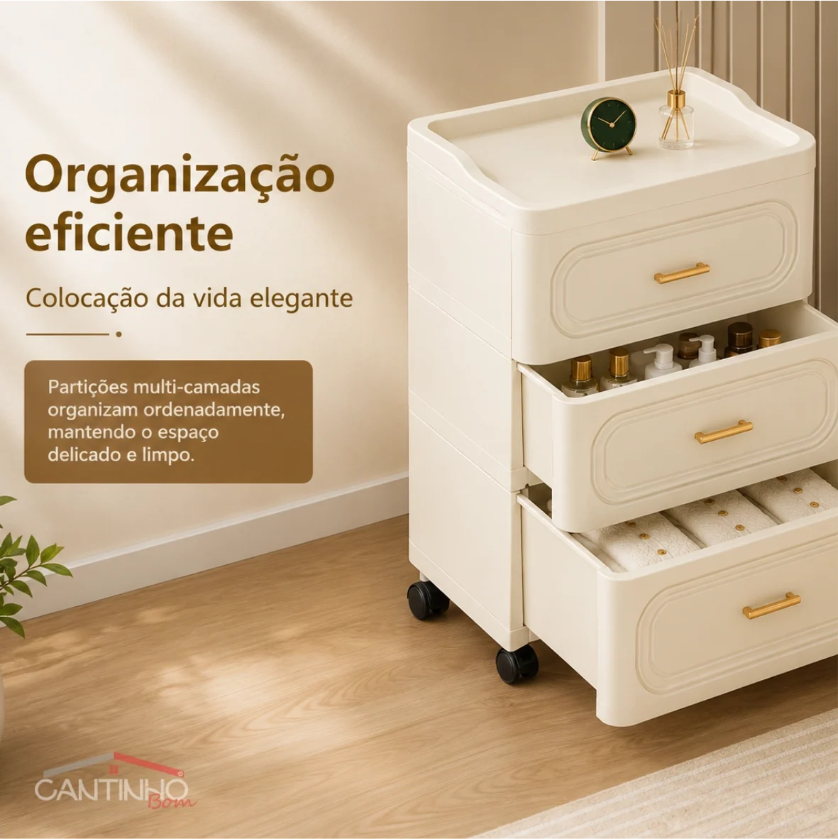 Gaveteiro Multiuso com Rodinhas OrganizaMax™ + BRINDE: Cesto De Roupa em Bambu - COMPRE 1 LEVE 2