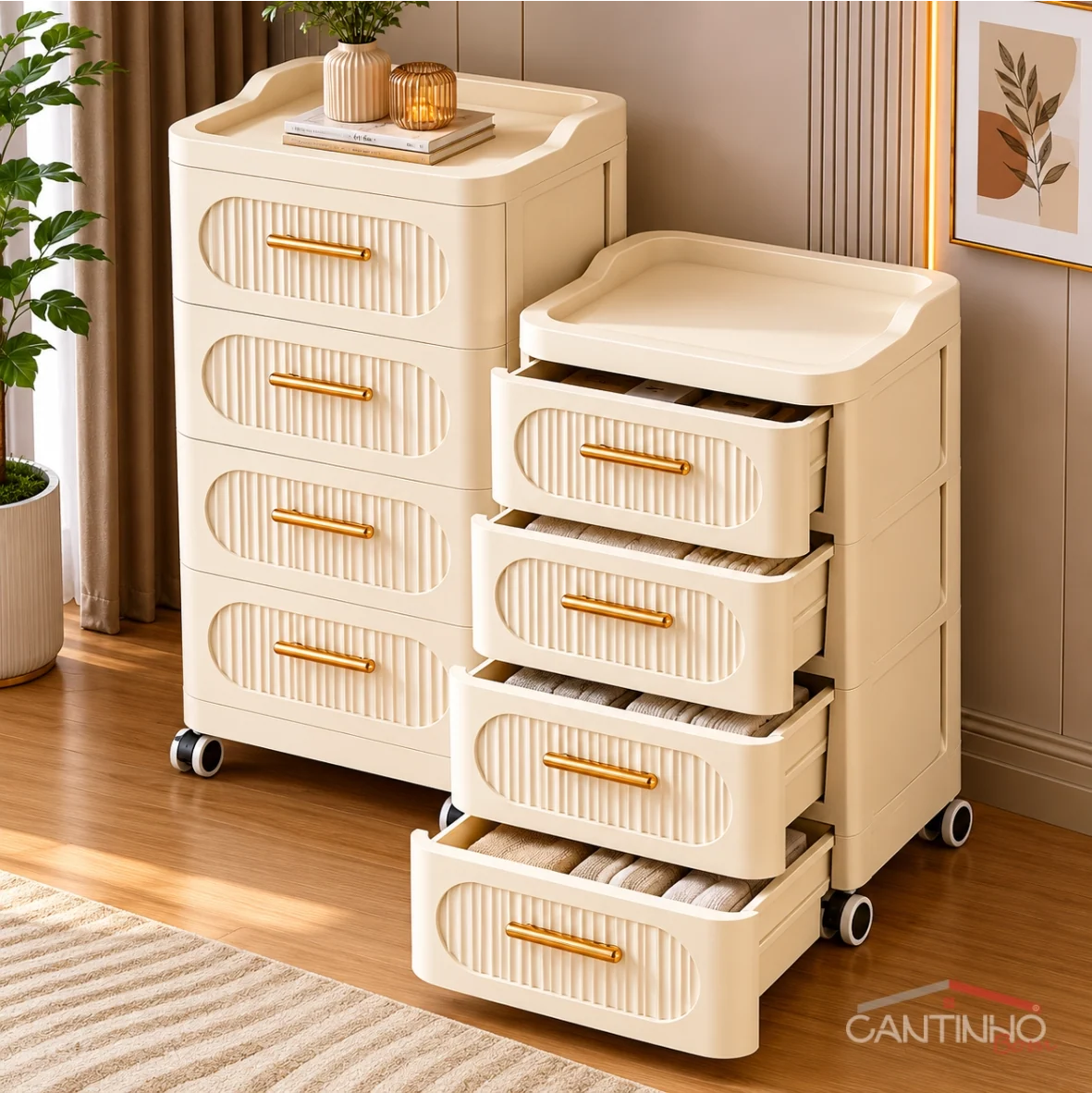 Gaveteiro Multiuso com Rodinhas OrganizaMax™ + BRINDE: Cesto De Roupa em Bambu - COMPRE 1 LEVE 2