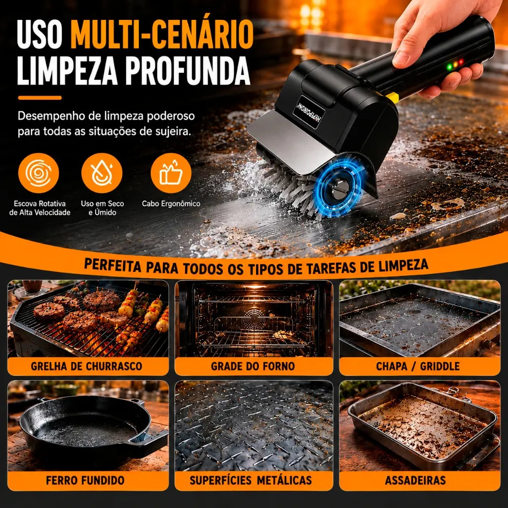 Escova Limpadora de Grelha Grill Churrasqueira Elétrica Recarregável