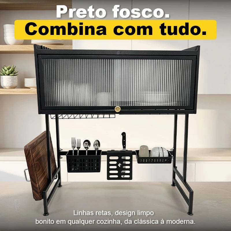 Escorredor de Louça Sobre a Pia com Armário de Vidro — Preto Fosco com Porta-Talheres, Porta-Facas e Cesto
