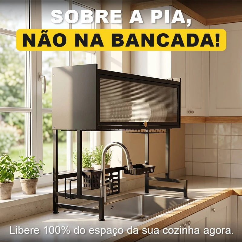 Escorredor de Louça Sobre a Pia com Armário de Vidro — Preto Fosco com Porta-Talheres, Porta-Facas e Cesto