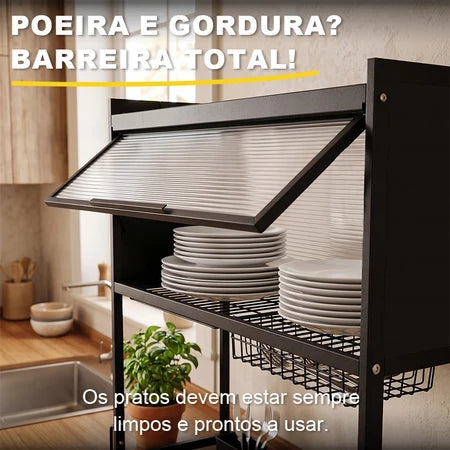 Escorredor de Louça Sobre a Pia com Armário de Vidro — Preto Fosco com Porta-Talheres, Porta-Facas e Cesto