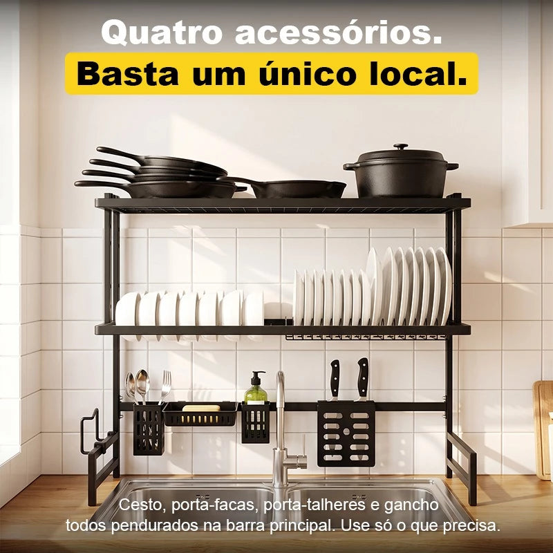 Escorredor de Louça Sobre a Pia com Armário de Vidro — Preto Fosco com Porta-Talheres, Porta-Facas e Cesto