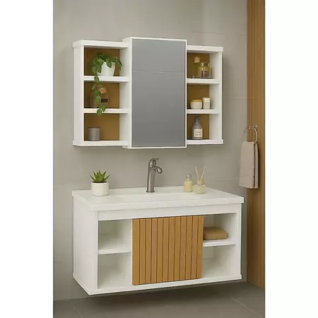 Conjunto Gabinete + Espelheira + Cuba Completo com Porta, Nichos e Espelho