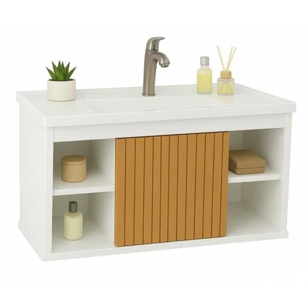 Conjunto Gabinete + Espelheira + Cuba Completo com Porta, Nichos e Espelho