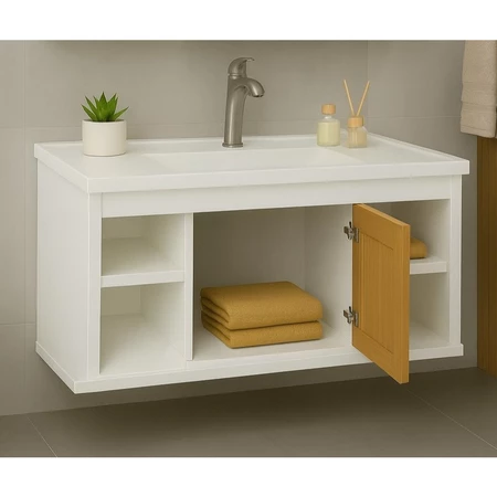 Conjunto Gabinete + Espelheira + Cuba Completo com Porta, Nichos e Espelho