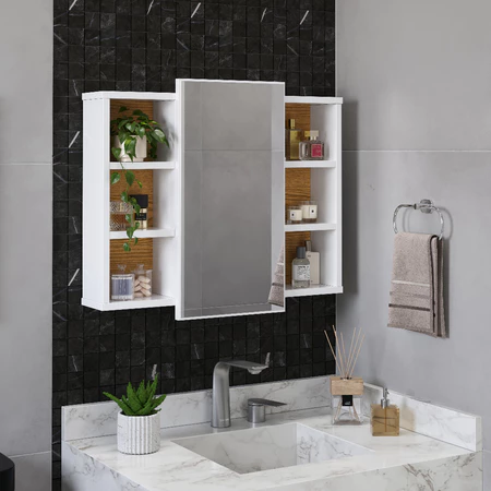 Conjunto Gabinete + Espelheira + Cuba Completo com Porta, Nichos e Espelho